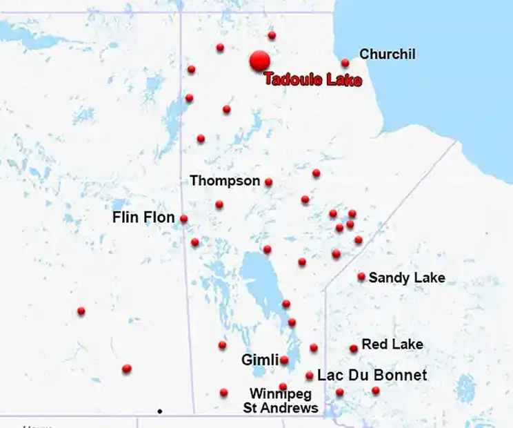 Map showing the location of Tadoule Lake in northern Manitoba
